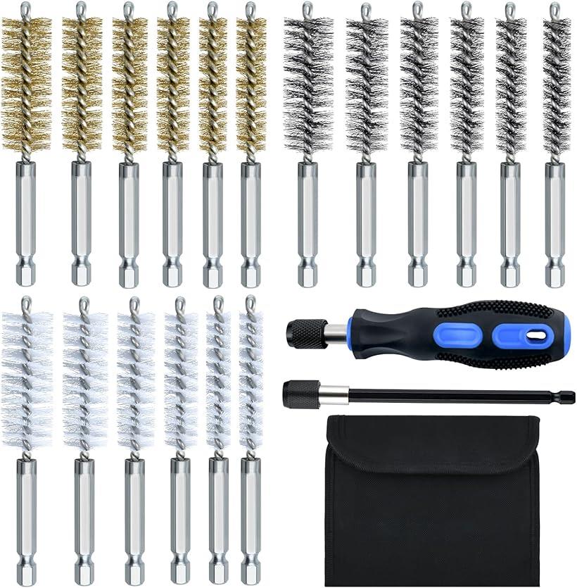 20個セット ワイヤーブラシ ステンレススチールボアブラシ ステンレス鋼ボアブラシ パワードリル用ワイヤーブラシ パワードリル用ブラシ ドリル用ボアブラシ ワイヤークリーニングブラシセット 収納ポーチ付き 手袋付き ハンドル付き (ブラック)