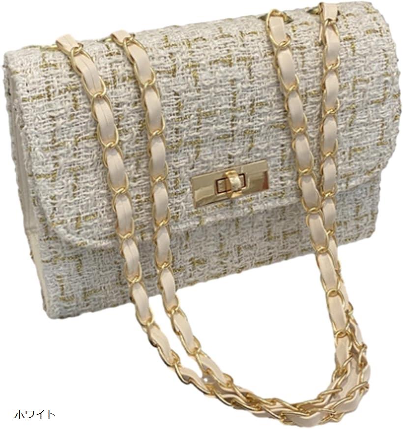 ショルダーバッグ コンパクト ツイード ゴールドチェーン レトロ レディース カバン ミニ 2カラー 鞄 BAG かばん 斜め掛け ハンド クラッチ 小さい きれいめ 大人 カジュアル 可愛い お洒落(ホワイト)