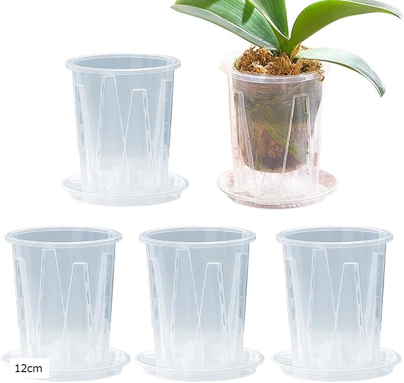 植木鉢 透明 底皿付き スリット鉢 観葉植物 プラスチック プラ鉢 5個セット 12cm (クリア, 12cm)