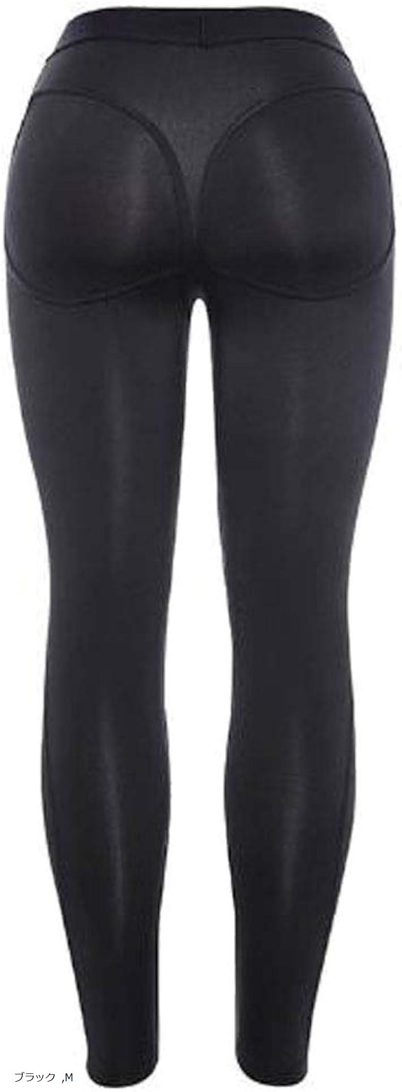 Tバック柄 伸縮 ストレッチ素材 美尻 美脚 レギンス ジム ヨガ ウエイト トレーニング パンツ Black M (ブラック, M)
