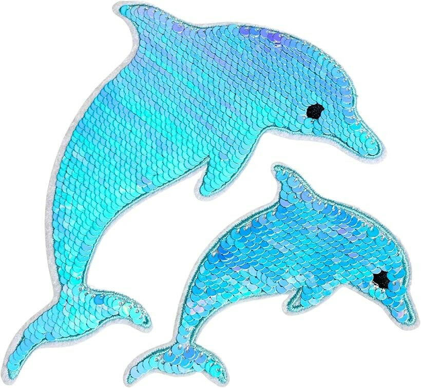 ワッペン スパンコール アイロン シールワッペン リバーシブル 両面 大 刺繍 イルカ (ライトブルー、シルバー, 小約10cmx7cm、大約15cmx11cm)