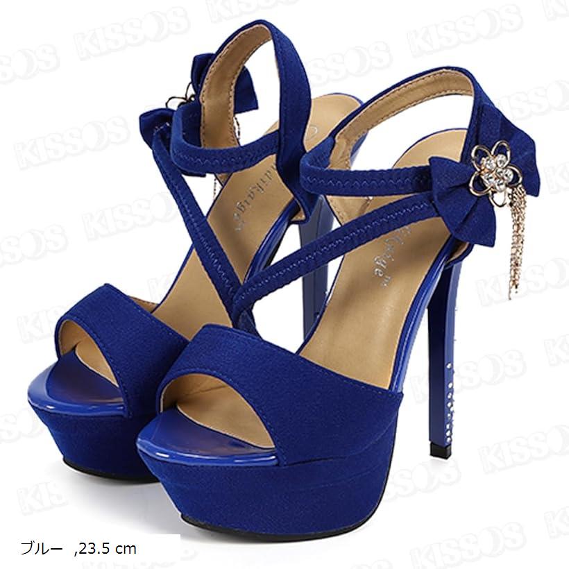 レディース パンプス オープントゥ ハイヒール アンクルストラップ リボン 15cm キャバヒール サンダル 厚底(ブルー, 23.5 cm)