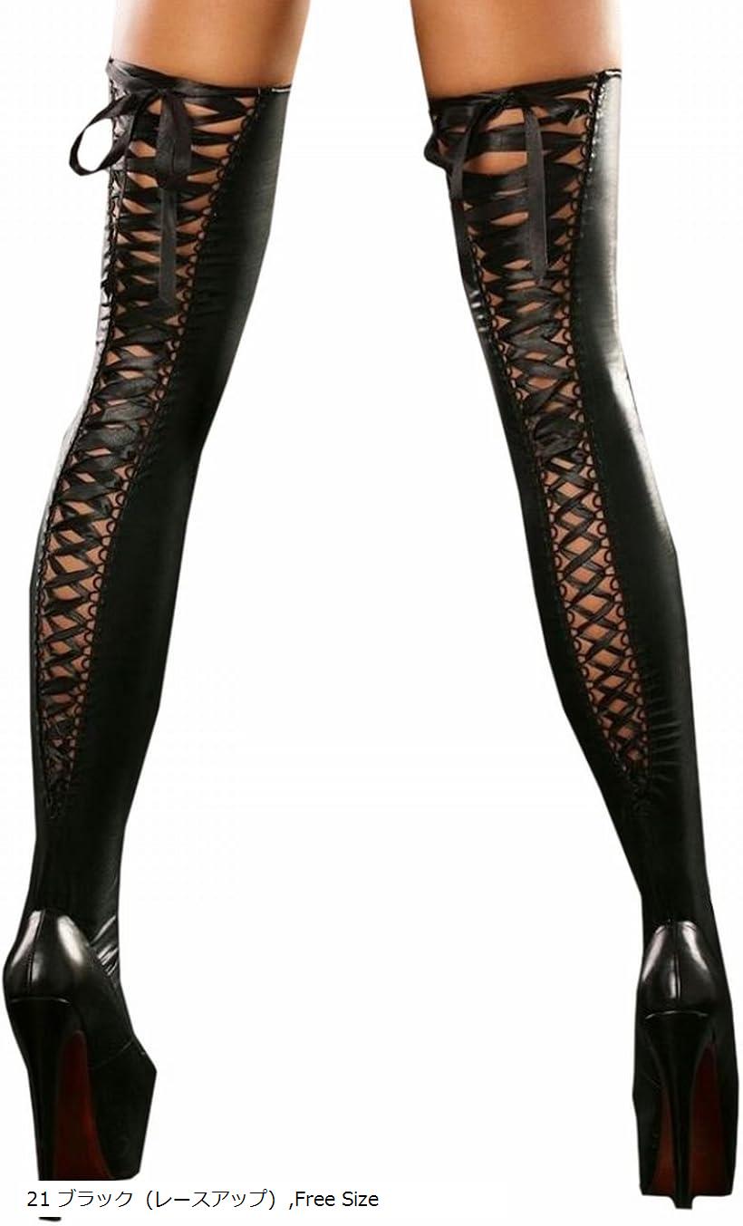 セクシー PU レザー レース ニーハイ オーバーニーソックス レディース ロング 靴下 ブラック レースアップ (21 ブラック (レースアップ), Free Size)