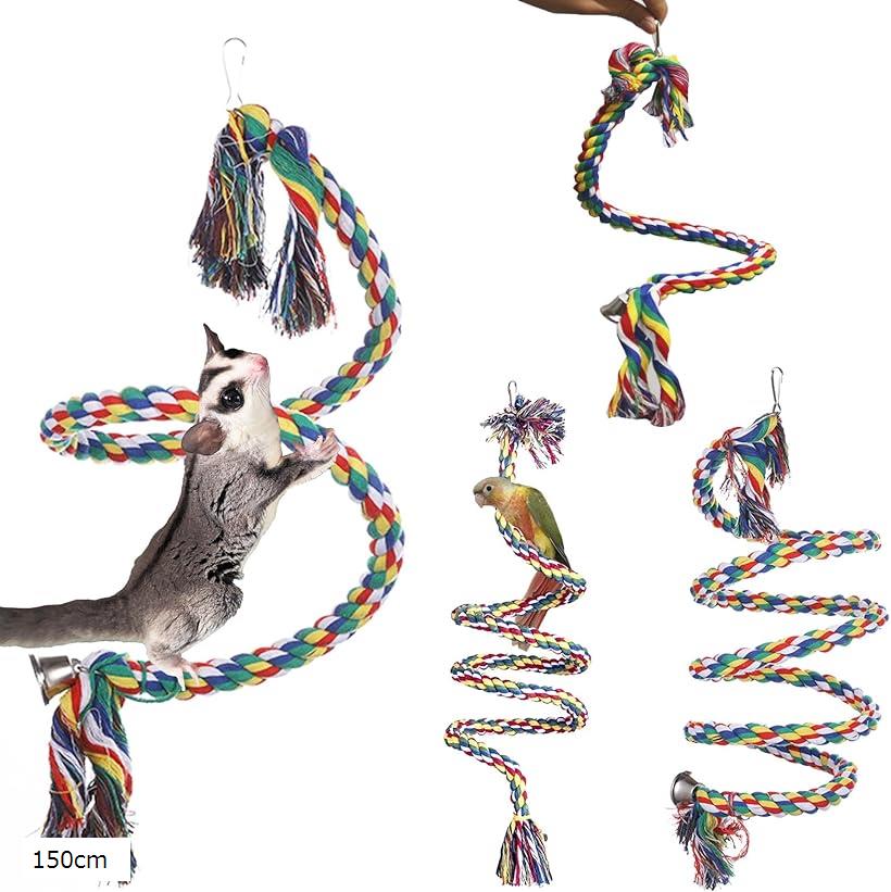 モモンガ おもちゃ フクロモモンガ レインボースプリング 虹色 インコ 鳥 小動物 遊び場 ロープ カラフル(レインボー, 150cm)