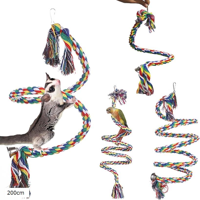 モモンガ おもちゃ フクロモモンガ レインボースプリング 虹色 インコ 鳥 小動物 遊び場 ロープ カラフル(レインボー, 200cm)