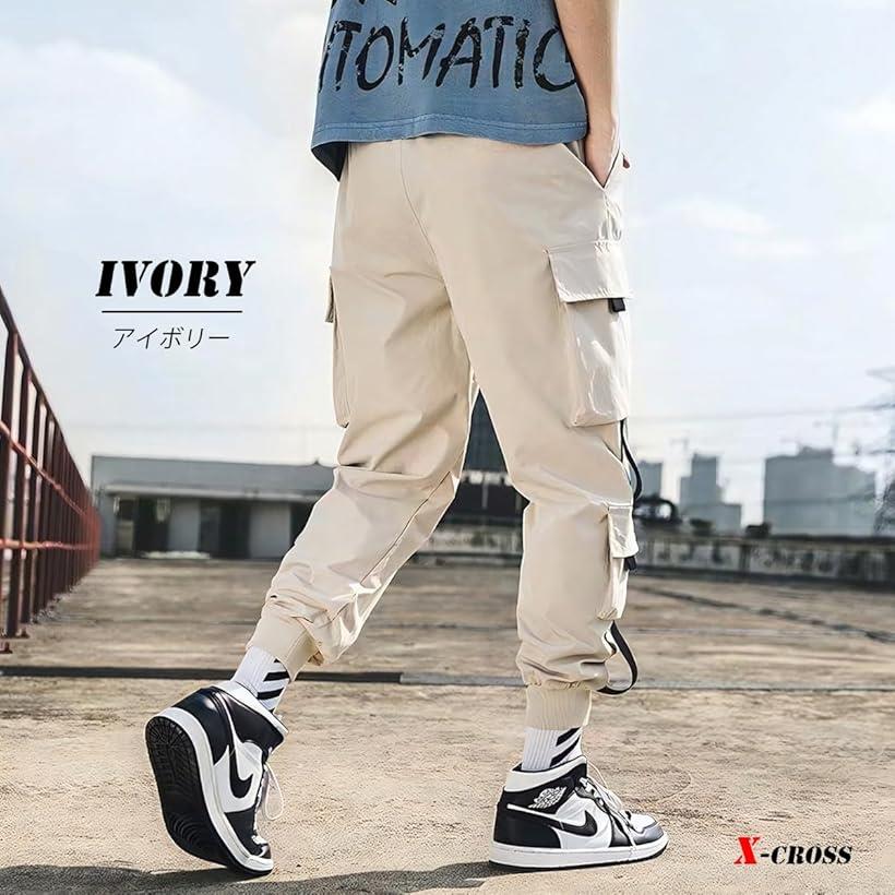 クロス ワイドパンツ メンズ ゆったり 太め カーゴパンツ ウエストゴム 薄手 ポリエステル 作業 ポケット ジョガーパンツ 大きいサイズ リブ 紐付き おしゃれ 裾絞り アウトドア スポーツ 裾ゴム(アイボリー, M)