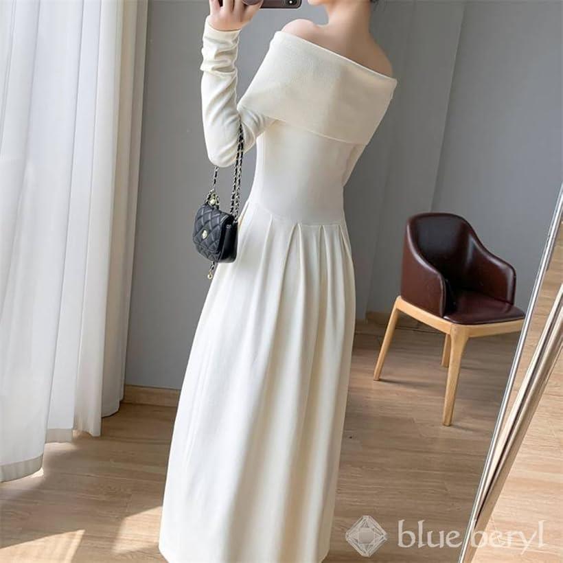 ロングニットワンピース オフショルダー レディース フィット＆フレア 長袖 ボックスプリーツ コーディネート キレイメ エレガンス レディライク シルエット 無地 春ワンピース フレアドレス BB059(アイボリー, L)