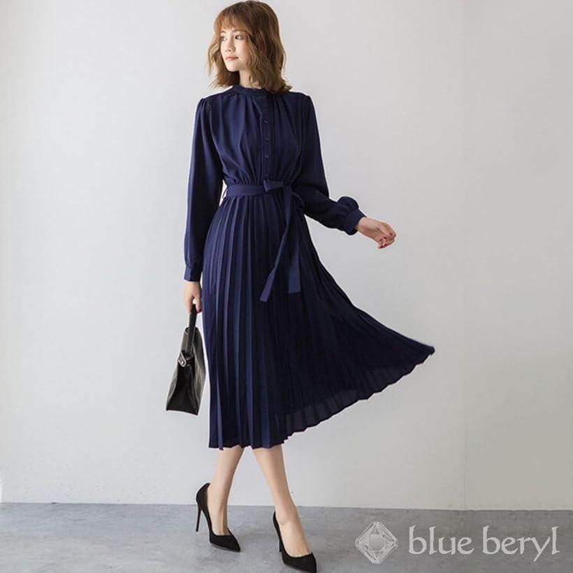 ブルーベリル シフォンワンピース ロング プリーツ レディース 長袖 ハイウエスト ウエストリボン フレア 春 秋 BB054(ネイビー, M)