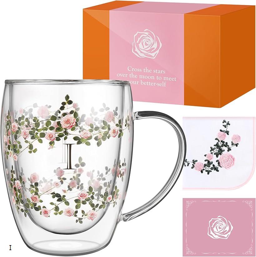 コーヒカップ 誕生日プレゼント女性 ダブルウォールグラスエデンローズ名入れ イニシャル入り 保温保冷 取っ手付き おしゃれ花柄 ハンドタオル付き メッセージカードつき 化粧箱入り 母の日 記念日プレゼント退職祝い 友達 妻 姉妹 (I)