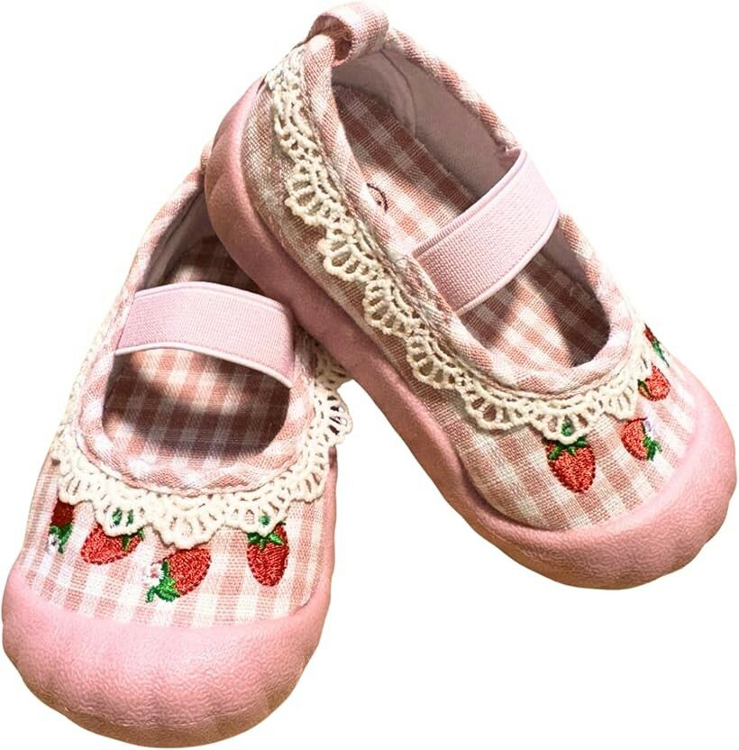 Slippers - 上履き 女の子 布製 キッズ シューズ 室内履き ゴムバンド 韓国風 園用 学校用 (ピンク, 12.5 cm)