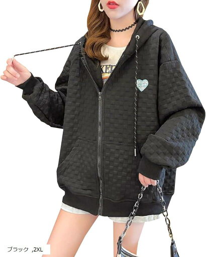 パーカー ジップアップ アウター フーディー フード付き ロゴ トップス ジップパーカー レディース(ブラック, 2XL) パーカー ジップアップ アウター フーディー フード付き ロゴ トップス ジップパーカー レディース(ブラック, 2XL)