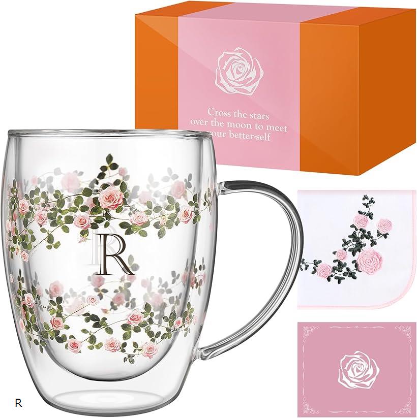 コーヒカップ 誕生日プレゼント女性 ダブルウォールグラスエデンローズ名入れ イニシャル入り 保温保冷 取っ手付き おしゃれ花柄 ハンドタオル付き メッセージカードつき 化粧箱入り 母の日 記念日プレゼント退職祝い 友達 妻 姉妹 (R)