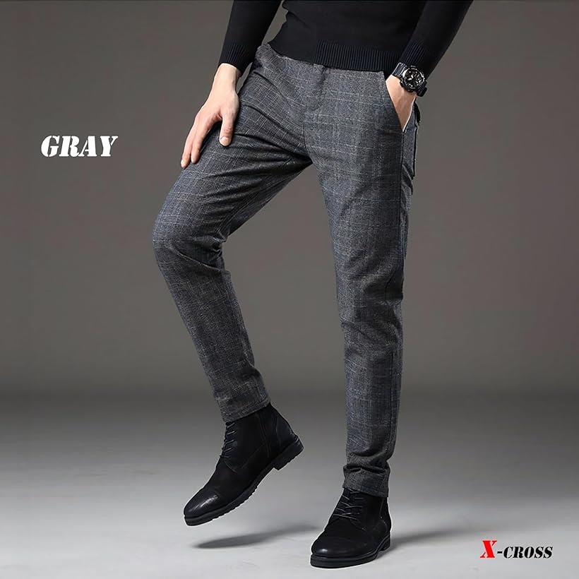 クロス チノパン メンズ 大きいサイズ 裾上げ済み スラックス ビジネス ノータック ビジネスパンツ ストレート 仕事着 カジュアル ズボン 通勤 ファスナー オシャレ ポリエステル 格子柄 オフィス ビジカジ(グレー, 2XL)