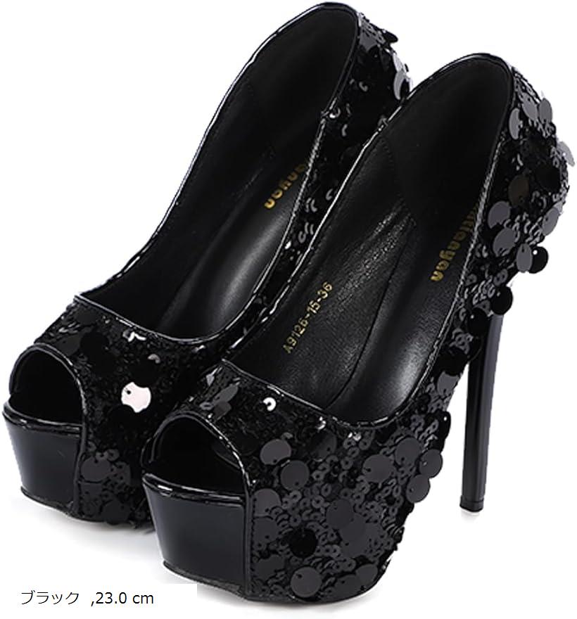 レディース ピンヒール ハイヒール オープントゥ キラキラ ビジュー スパンコール 厚底 14cm キャバ パンプス (ブラック, 23.0 cm)