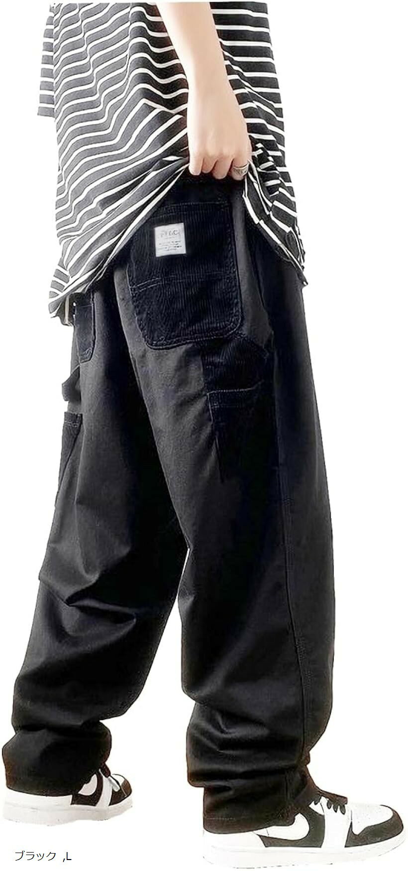 クロス ワイドパンツ メンズ 大きいサイズ ワークパンツ ゆったり カーゴ 作業着 ペインター コーデュロイ ポケット カジュアル ウエストゴム ベルトなし 薄手 太め オシャレ (ブラック, L)