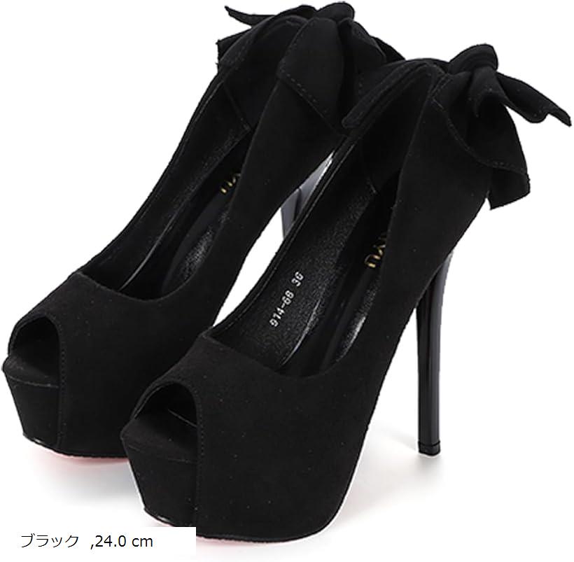 オープントゥ ヒール レディース パンプス ハイヒール キャバヒール ピンヒール 厚底 14cm リボン 美脚 お洒落 可愛い (ブラック, 24.0 cm)