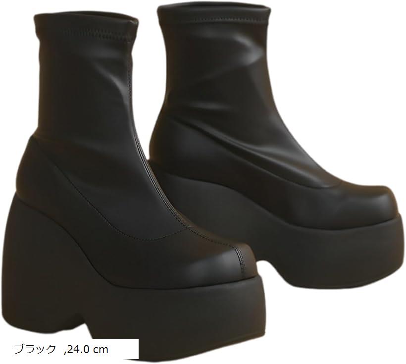 厚底ショートブーツ レディース ストレッチブーツ 11cmヒール 軽量 (ブラック, 24.0 cm)