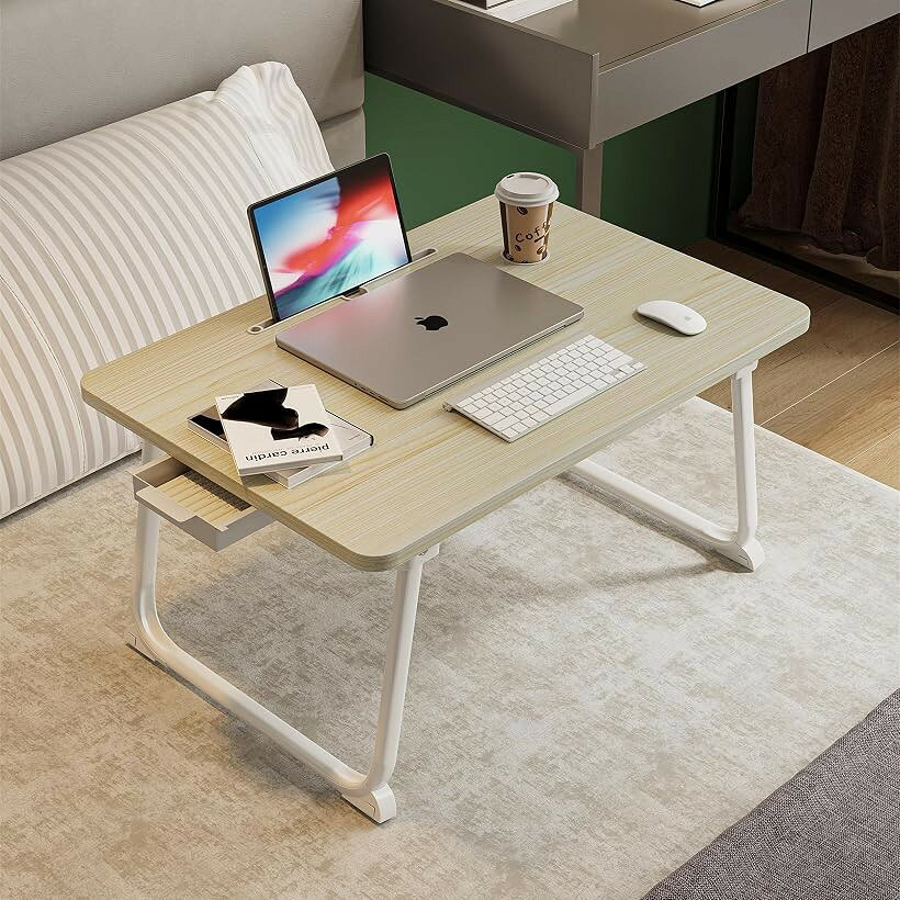 折り畳みテーブルパソコンデスクちゃぶ台 table おりたたみテーブル ベッドテーブル テーブル折り畳み ローテーブル 折りたたみ ミニ 一人暮らし 大容量表面 子供テーブル (ベージュ, 長60x幅40cm（ カップホルダー+引き出し))