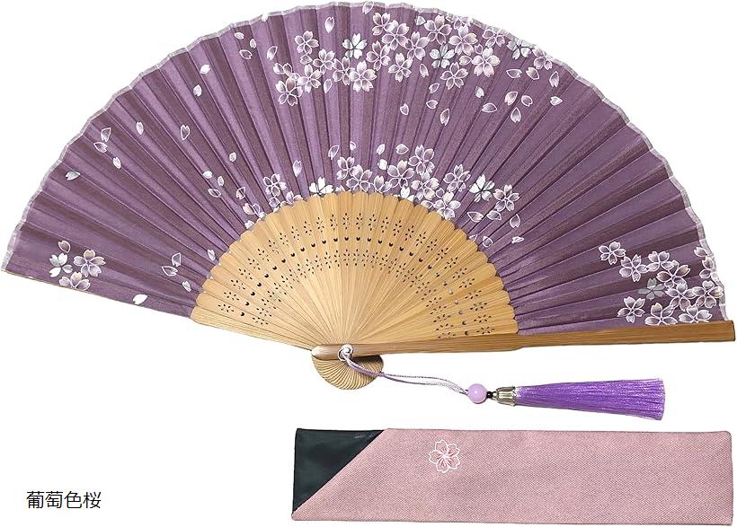扇子 レディース 季節の花々 桜 桔梗 牡丹 蓮 扇子入れ 箱入り (葡萄色桜, Free Size)