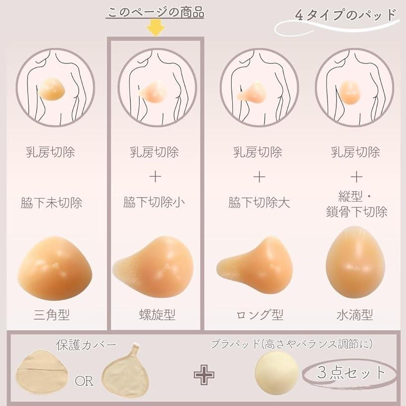 人工乳房 螺旋型 シリコンパッド 保護カバー ブラパット 3点セット 右胸 フックな...