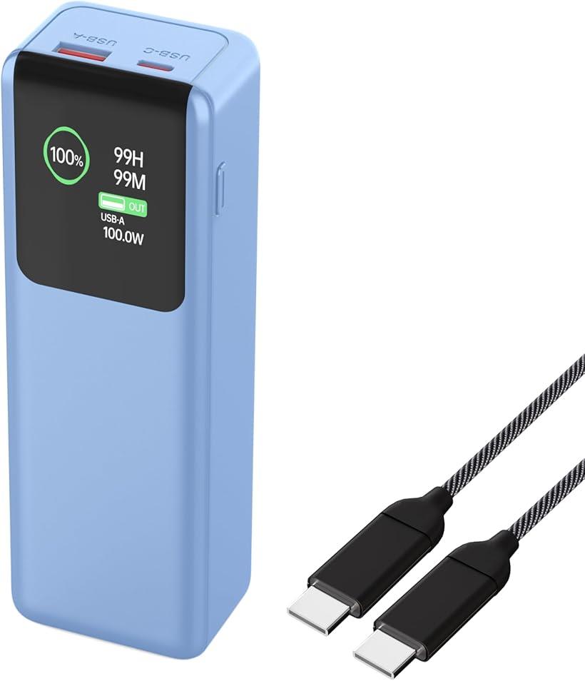 27000mAh 大容量モバイルバッテリー 超充電力 PD100w 急速充電技術 2ポート付きType-C入出力＆USB出力ポート付き 2台同時充電可能 LCDデジタル残量表示 ケーブル付き コンパクト小型 機内持ち込み可能(ブル－)