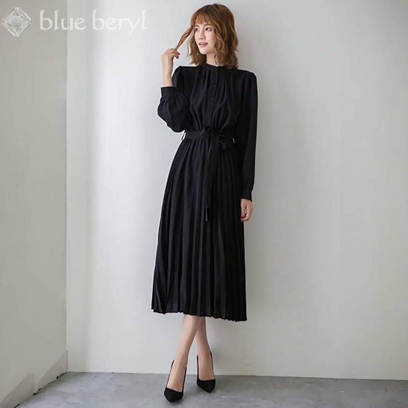 シフォンワンピース ロング プリーツ レディース 長袖 ハイウエスト ウエストリボン バンドカラー フレア さらさら 引き締め Aライン 体型カバー プレッピー コーディネイト BB054(ブラック, M)