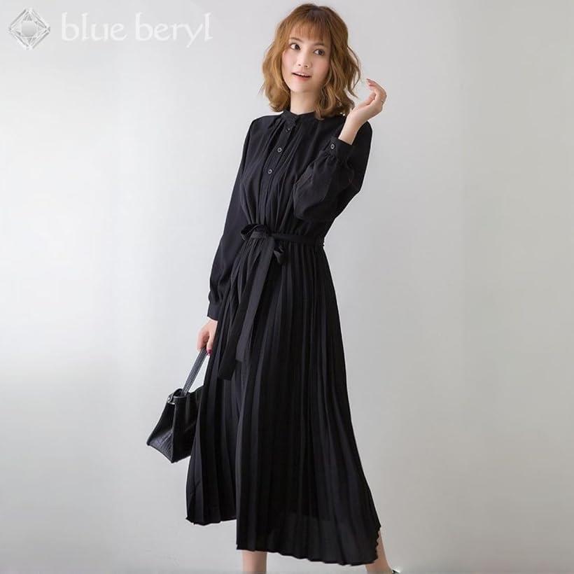 シフォンワンピース ロング プリーツ レディース 長袖 ハイウエスト ウエストリボン バンドカラー フレア さらさら 引き締め Aライン 体型カバー プレッピー コーディネイト BB054(ブラック, M)