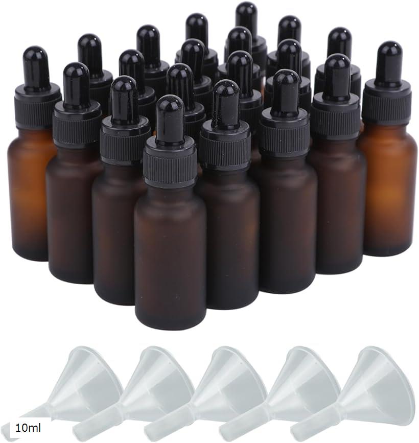 遮光瓶 スポイト付き 精油 アロマオイル 詰め替え 保存用 ガラス製 艶消しブラウン 漏斗付き 20本セット 10ml (ブラウン, 10ml)