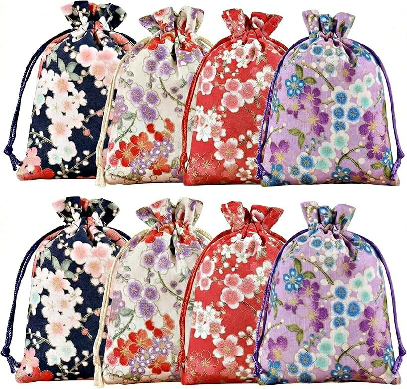 巾着袋 和柄 8枚 小物入れ アクセサリー ポーチ 桜柄 金彩 匂い袋 ギフト (レッド、ネイビー、アイボリー、パープル, 大)
