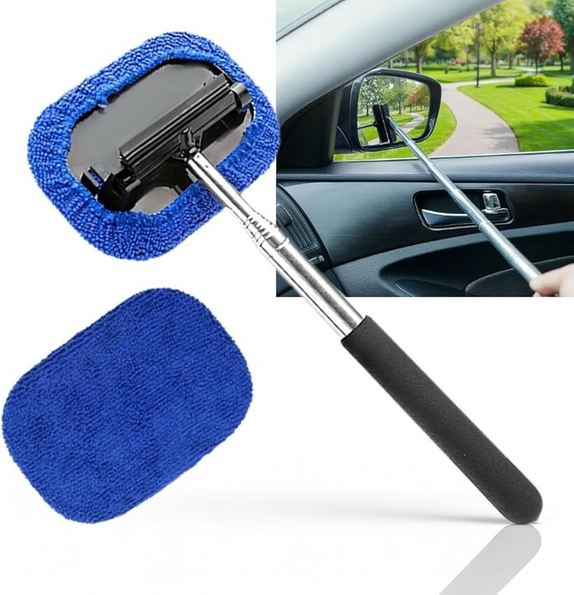 車 窓拭き 内窓 伸縮クリーナーモップ フロントガラス 洗車用品 クロス2枚付き 最大100cm (ブルー, 全長26cm（最長100cm）)