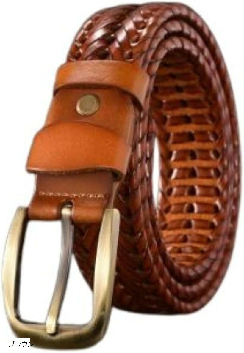 編み込み メンズ ベルト レトロ バックル 本 牛革 レザー ビジネス カジュアル 長さ 調節 可能 (ブラウン, Free Size)