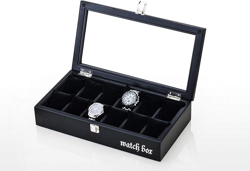高級 木製 腕時計 収納 ボックス ケース スタンド 大容量 コレクション 透明ガラス N-J141-T (ブラック・文字有（12本用）)
