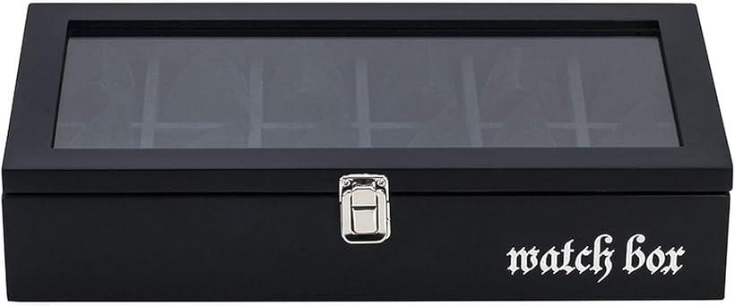 高級 木製 腕時計 収納 ボックス ケース スタンド 大容量 コレクション 透明ガラス N-J141-T (ブラック・文字有（12本用）)