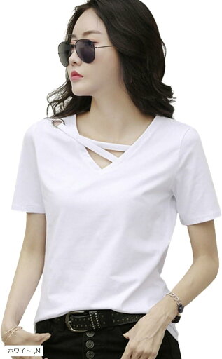 半袖 Tシャツ カットソー トップス Vネック アシメ デザイン レディース 夏 無地 インナー シンプル 胸元アクセント 女子(ホワイト, M) 半袖 Tシャツ カットソー トップス Vネック アシメ デザイン レディース 夏 無地 インナー シンプル 胸元アクセント 女子(ホワイト, M)