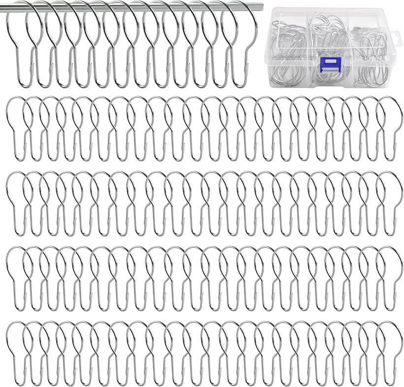 100個入り 68x38mm 瓢箪型カーテンフック - 収納ボックス付き シャワーカーテンリング カーテンリングフック スライドリング しっかり 固定 メタル ステンレス製 クローゼット キッチン 取付簡単 開口設計 (シルバー)