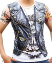 刺青 タトゥー アウトロー Tシャツ 筋肉 マッチョ メンズ おもしろ リアル フェイク デザイン プリント 革ジャン コスプレ ハロウィン 仮装(マルチカラー...