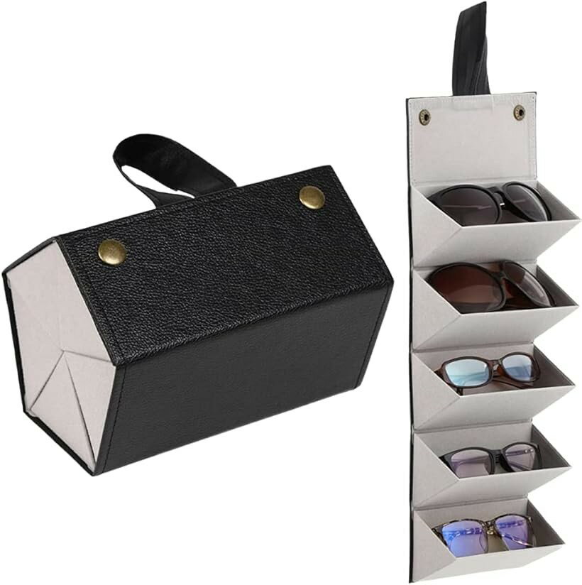 メガネケース 複数収納 5本 サングラス 収納ケース 折りたたみ 持ち運びに便利 (ブラック/グレー, Free Size)
