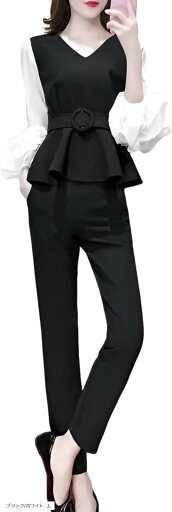 エンプティオ レディース ビジネスカジュアル ブラウス セレモニースーツ セミフォーマル セットアップ きれいめ パンツスーツ 2点セット モダン 上下セット かわいい ツーピース(ブラック/ホワイト, L) エンプティオ レディース ビジネスカジュアル ブラウス セレモニースーツ セミフォーマル セットアップ きれいめ パンツスーツ 2点セット モダン 上下セット かわいい ツーピース(ブラック/ホワイト, L)