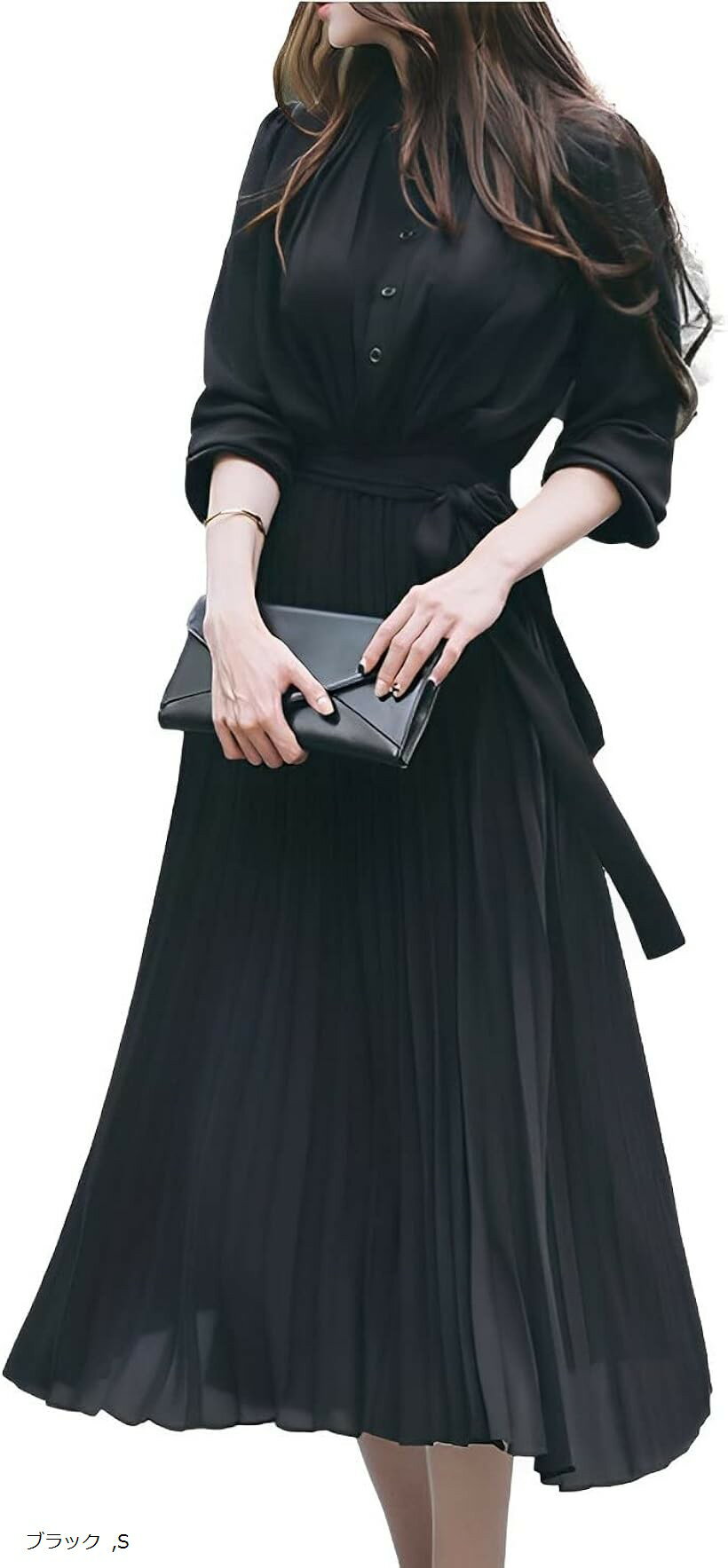 上品 プリーツ ロング ワンピース レディース 長袖 きれいめ ハイウエスト ドレス ロングワンピ フォーマル セミフォーマル リボン ロング丈 大きいサイズ (ブラック, S)
