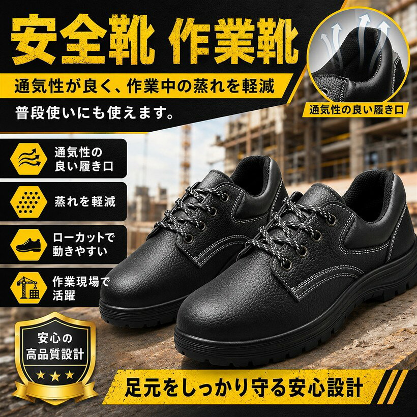 バリエーションコード : 2b8u4dsvlh商品コード2b8u4ot6t3商品名モデルノ ラ テール 靴 ロー カット 釘 踏み抜き 防止 安全靴 作業靴 鉄板 ブラック レースアップ メンズ ML-AGLブランドモデルノ　ラ　テールカラーブラックサイズ等27.5 cm作業現場での安全確保には、鋼鉄製先芯と釘踏み抜き防止の靴底を備えた安全靴が最適です。重い物の落下や鋭利な釘から足元をしっかり保護し、安心して作業ができます。「素材」ソール素材：ゴム+標準鋼板、アッパー素材：PUレザー、つま先：保護鋼板長時間の作業には、通気性の良い素材を使用した安全靴が欠かせません。足の蒸れを防ぎ、快適な履き心地を提供することで、疲労を軽減し、効率的に作業を続けることができます。釘踏み防止・防滑・耐油ソールで悪路でも歩くことができます。デザインもシンプルで幅広いジャンルで活躍できます。雨天時や滑りやすい環境での作業には、撥水・防滑加工が施された安全靴が安心です。水の侵入を防ぎ、滑りにくい靴底で安全な歩行をサポートします。＊歩行面によりましては、滑る可能性もございます。あらかじめご了承ください。軽量設計の為、長時間の着用にも優れています。足の裏側からでも損傷がしにくい加工になっています。安全性とスタイルを両立したデザインで、作業現場だけでなく普段使いにも適しています。シンプルで機能的な設計が、さまざまな場面で活躍する頼れる一足です。つま先だけでなく、ソール部分にも鋼芯を使用しているので、工場勤務の方や運送会社勤務の方にもお勧めです。重たい安全靴は作業の負担になりますが、軽量設計のこの安全靴なら疲れにくく、長時間の使用も快適です。動きやすさを重視した設計で、機動性の求められる現場でも活躍します。通気性がよく、撥水・防滑加工なので、雨の日や暑い夏の日でも季節を問わずご使用いただけます。※ 他ネットショップでも併売しているため、ご注文後に在庫切れとなる場合があります。予めご了承ください。※ 品薄または希少等の理由により、参考価格よりも高い価格で販売されている場合があります。ご注文の際には必ず販売価格をご確認ください。※ 沖縄県、離島または一部地域の場合、別途送料の負担をお願いする場合があります。予めご了承ください。※ お使いのモニタにより写真の色が実際の商品の色と異なる場合や、イメージに差異が生じることがあります。予めご了承ください。※ 商品の詳細（カラー・数量・サイズ 等）については、ページ内の商品説明をご確認のうえ、ご注文ください。※ モバイル版・スマホ版ページでは、お使いの端末によっては一部の情報が表示されないことがあります。すべての記載情報をご確認するには、PC版ページをご覧ください。「素材」ソール素材：ゴム+ヨーロッパ標準鋼板、アッパー素材：高級レザー、つま先：ヨーロッパ標準鋼板、グレード：一等製品