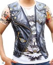 刺青 タトゥー アウトロー Tシャツ 筋肉 マッチョ メンズ おもしろ リアル フェイク デザイン プリント 革ジャン コスプレ ハロウィン 仮装(マルチカラー...