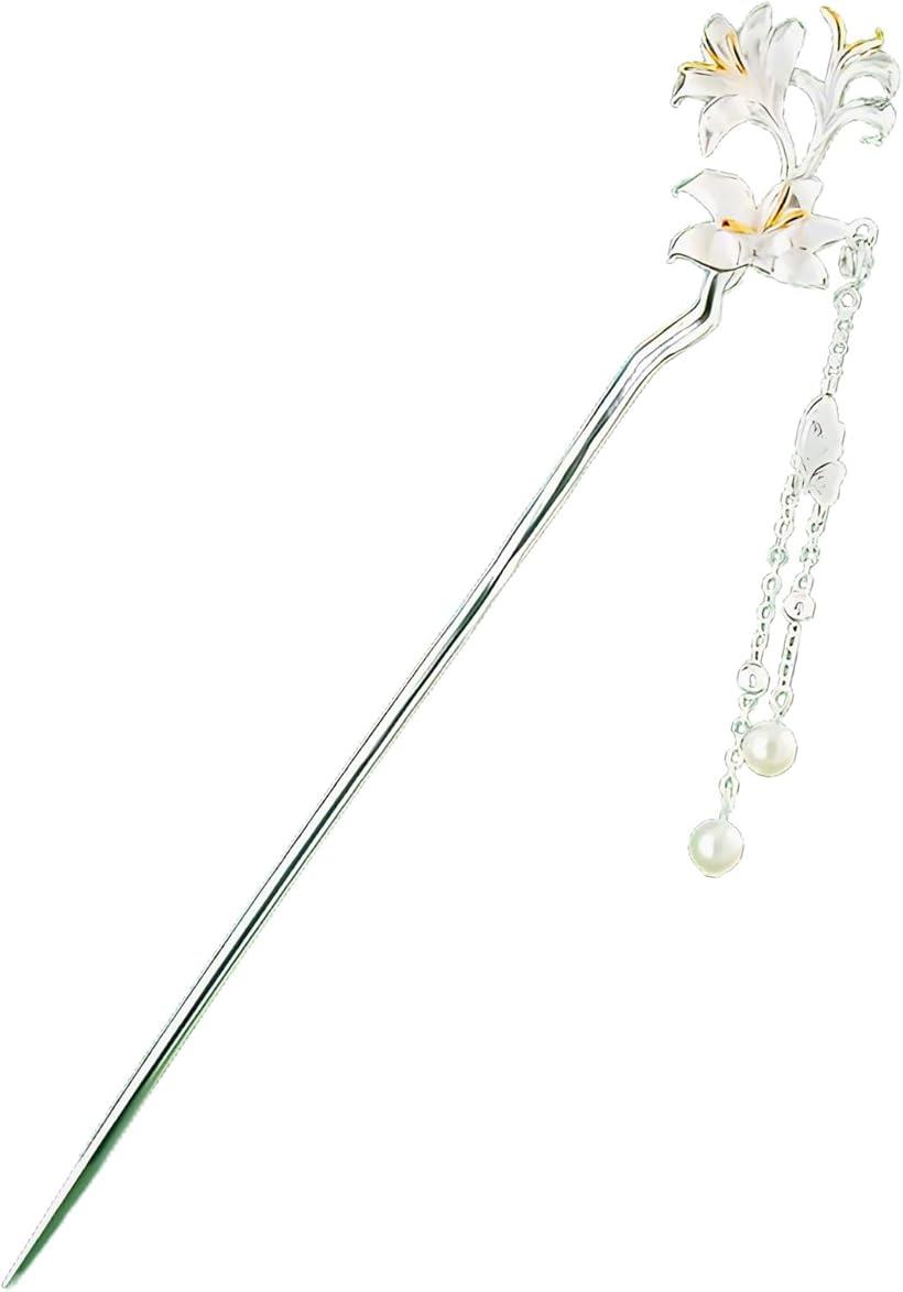 ミャオミャオ 簪 かんざし 一本 和装 留袖 着物 浴衣 髪飾り 金属 アンティーク フラワー カサブランカ 百合 ユリ 花 パール シルバー ヘアアクセサリー...