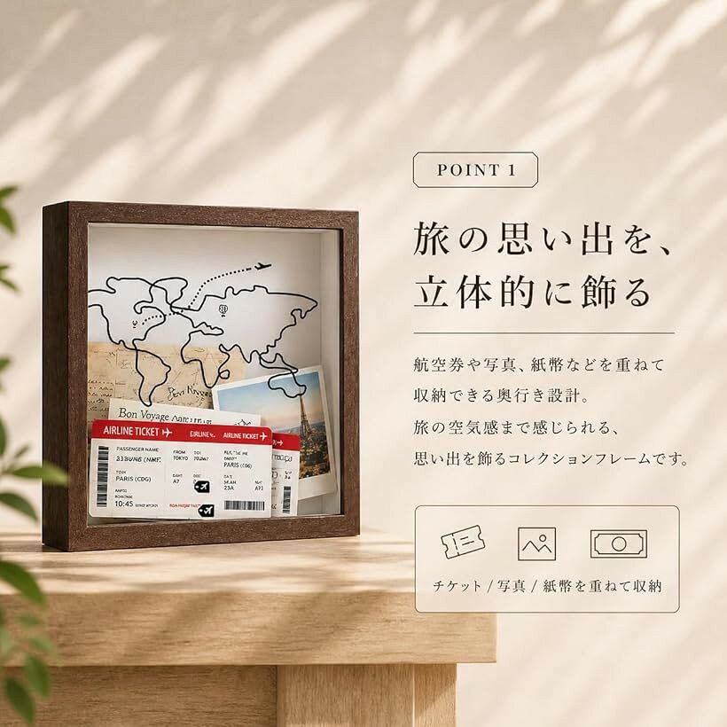 《旅の記憶を立体で飾る》 チケットボックス メモリーコレクションフレーム フォトフレーム 世界地図 旅行の思い出整理 ギフトにも使えるインテリアフレーム (ブラック, 29x29x4.5) [3]