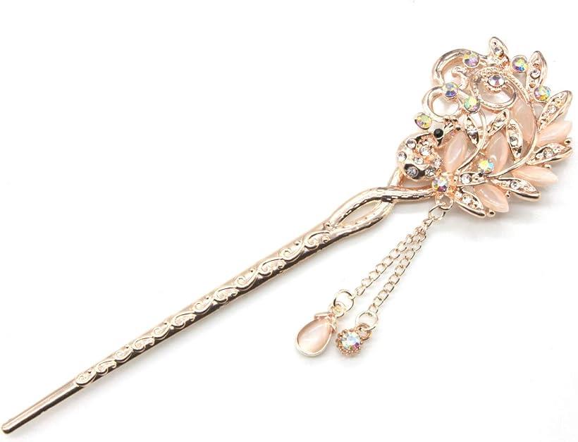 ミャオミャオ 簪 かんざし 一本 髪飾り 和装 留袖 着物 ピンクゴールド クリスタル 水晶 孔雀 くじゃく モチーフ ヘアアクセサリー ベージュ (ベージュ,...