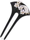 ミャオミャオ 簪 かんざし バチ型 髪飾り 和装 留袖 桜 フラワー 花 花びら パール U字 ヘアアクセサリー(ブラック, ワンサイズ)