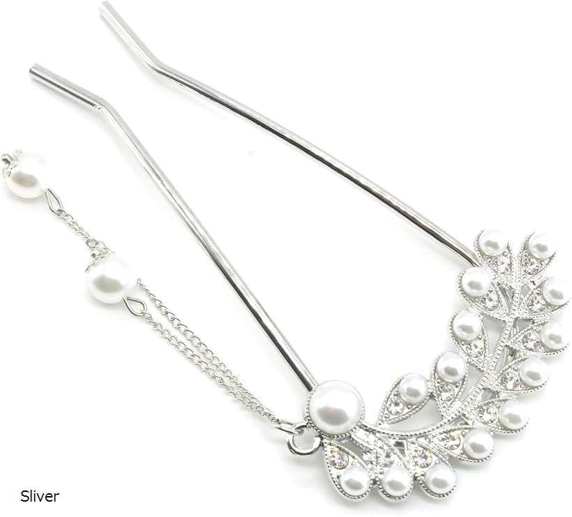 ミャオミャオ 簪 かんざし バチ型 和装 留袖 髪飾り アンティーク フラワー 花びら リーフ パール ジルコニア U字 コーム ヘアアクセサリー (Slive...