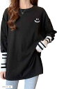 ニューネ tシャツ 長袖 レディース トップス ロンT カットソー クルーネック スマイル ボーダー オシャレ スポーツ アウトドア ウォーキング ストレッチ ジムウェア トレーニング 部屋着 3S-W01-BKXL(ブラック, XL)