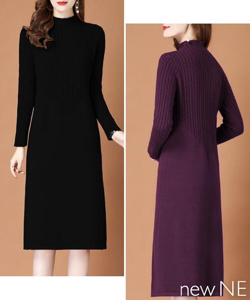 ニューネニットワンピース レディース ケーブル編み ミディ丈 無地 シンプル エレガント 通勤 秋 冬 大きいサイズ ゆったり 長袖 ハイネック 体型カバー 厚手 タートルネック リブニット 4A-W18-YEL(イエロー, L)