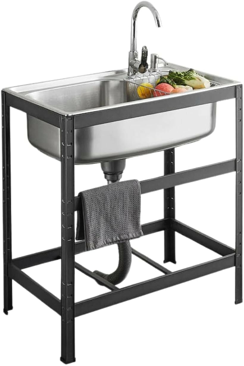 ガーデンシンク キッチン用流し台 ステンレス製 シングルシンク 高さ調節可能 水切りラック付き 蛇口 ...