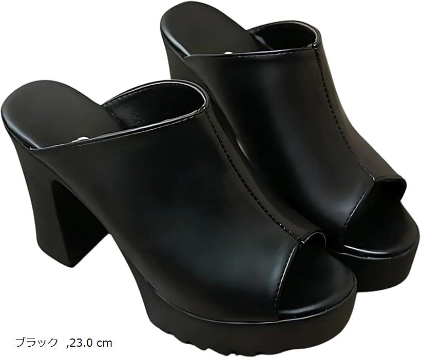 レディース 厚底 サボ サンダル チャンキーヒール 太 つっかけ ソール オープントゥ スリッポン シューズ 靴 ハイヒール 厚底サンダル サボサンダル スリッパ ストラップ ウェッジソール スムース レザー (ブラック, 23.0 cm)